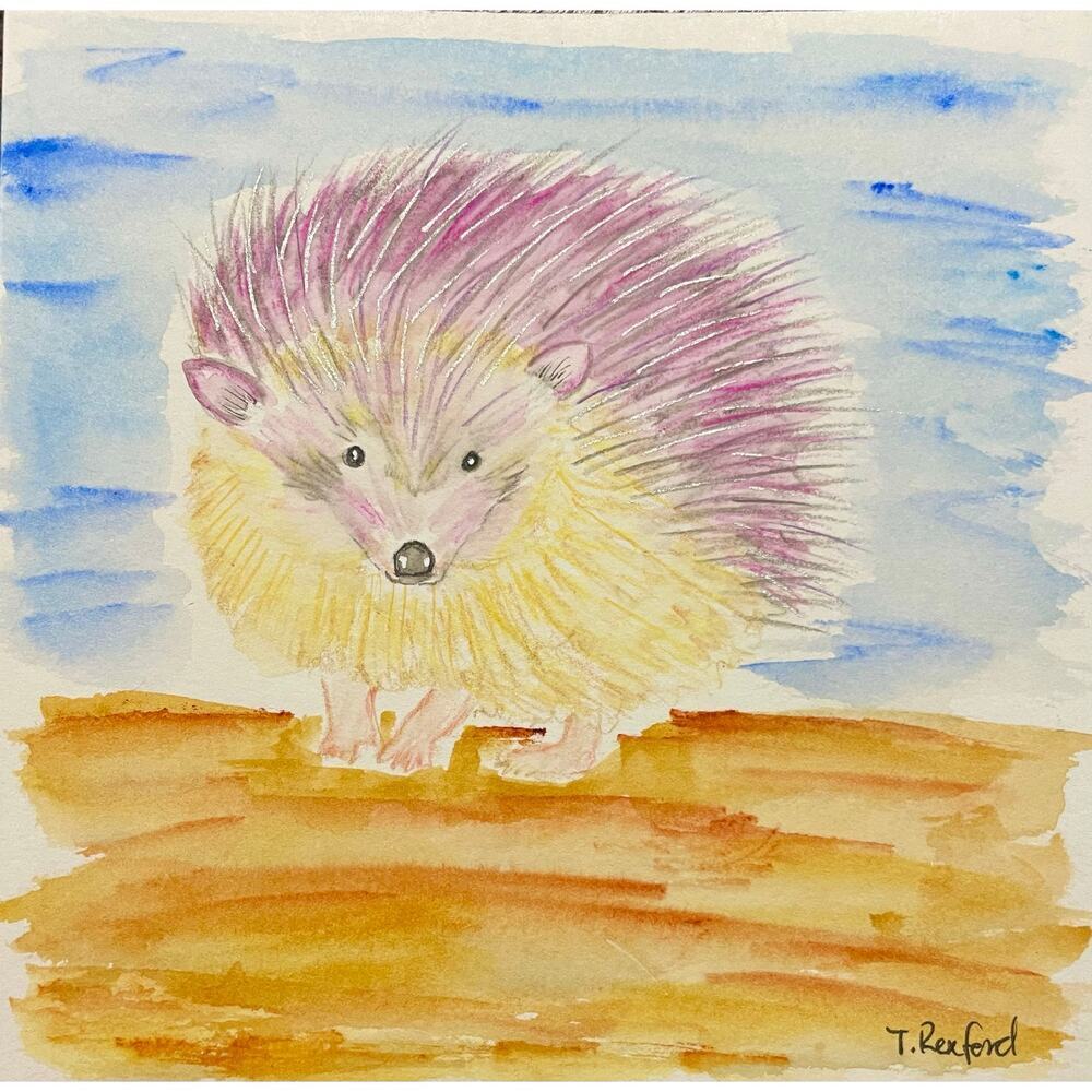 Hand painted watercolor original painting adorable hedgehog purple